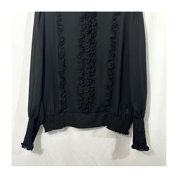 Frame Ruffle Smocked Long Sleeve Mock Neck Blouse in Black - Picture 4 of 11